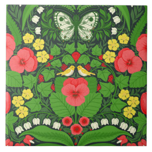 Carreau Pansies rouges, oiseaux et papillons