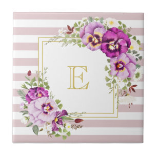 Carreau Pansies Vintages florales Monogrammes Rayures viol