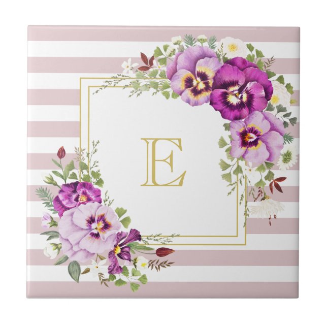 Carreau Pansies Vintages florales Monogrammes Rayures viol (Devant)