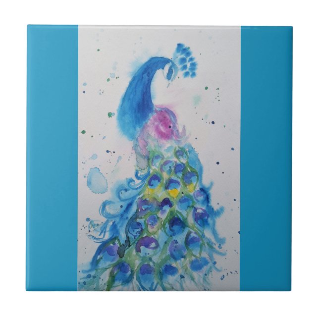 Carreau Paon bleu aquarelle oiseau bleu sarcelle Oiseaux (Devant)