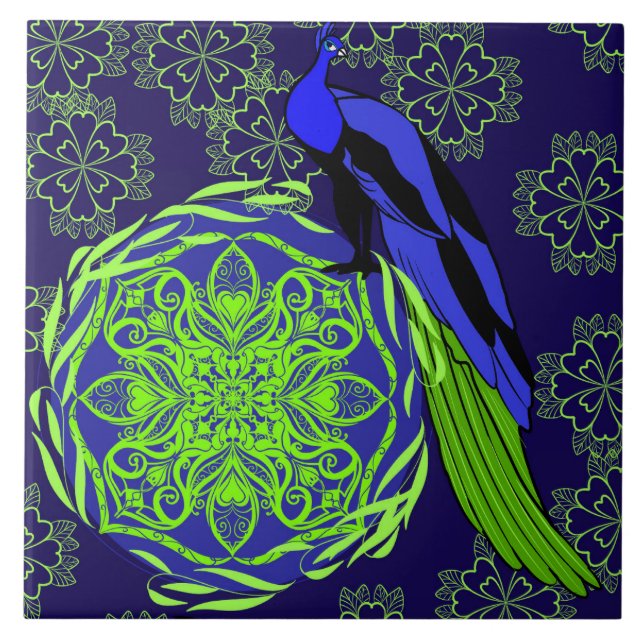 Carreau Paon bleu élégant avec mandala vert (Devant)