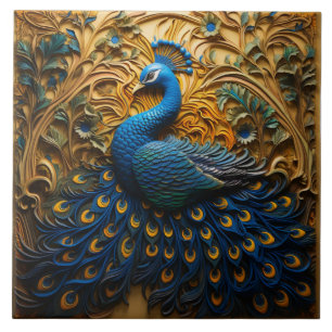 Carreau Paon bleu et orange, fond doré