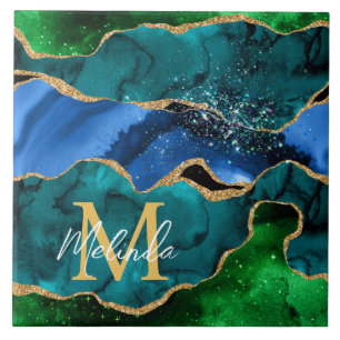 Carreau Paon bleu et vert Faux Paillettes Agate