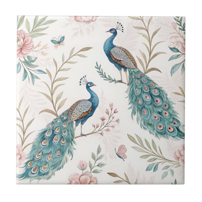 Carreau Paon Élégant Floral Vintage (5) (Devant)