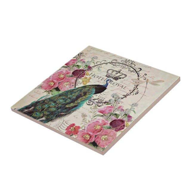 Carreau Paon et fleurs printanières (Côté)