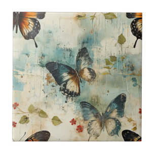 Carreau Papier Botanique Papillon Sarcelle Vintage