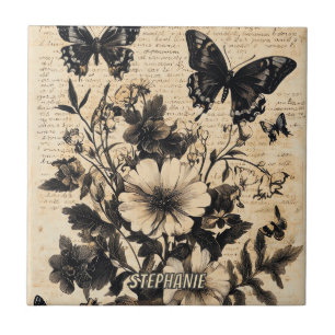 Carreau Papier parchemin fleur sauvage papillon noir blanc