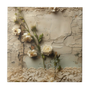 Carreau Papier vieilli avec motif de fleurs rustiques blan