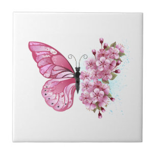 Carreau Papillon à fleurs avec Sakura rose
