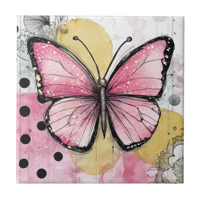 Carreau Papillon aquarelle rose art boho nature (Devant)