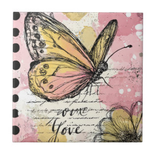 Carreau Papillon aquarelle rose or boho art de la nature (