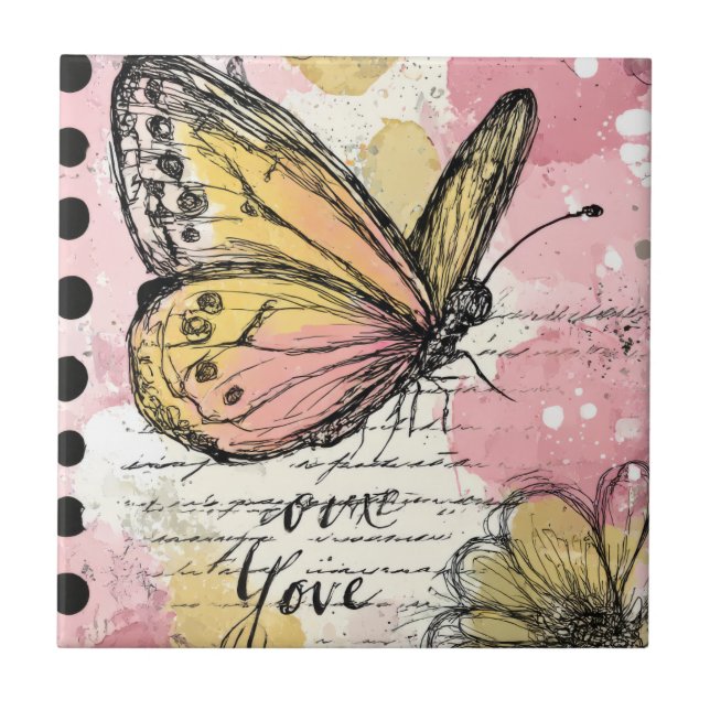 Carreau Papillon aquarelle rose or boho art de la nature ( (Devant)
