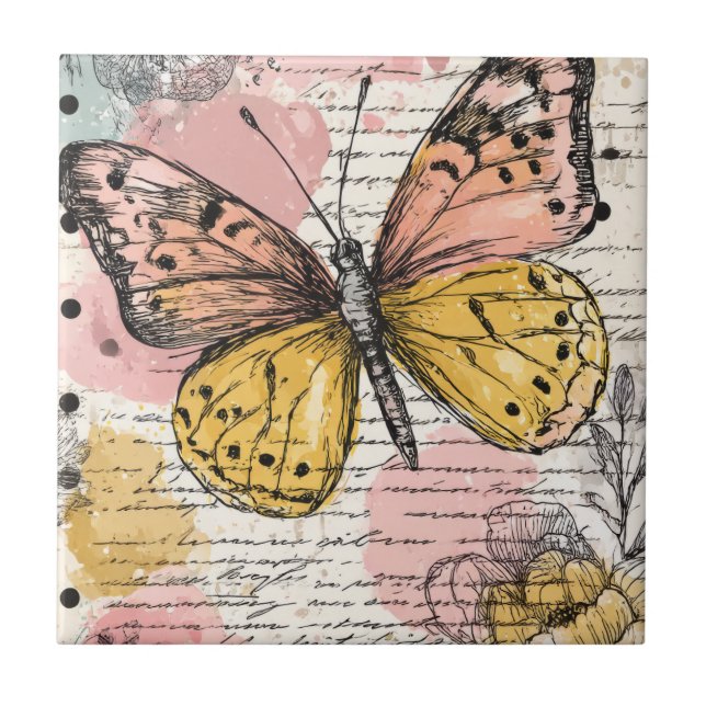 Carreau Papillon aquarelle rose or boho art nature (2) (Devant)