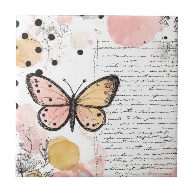 Carreau Papillon aquarelle rose or boho art nature (3) (Devant)