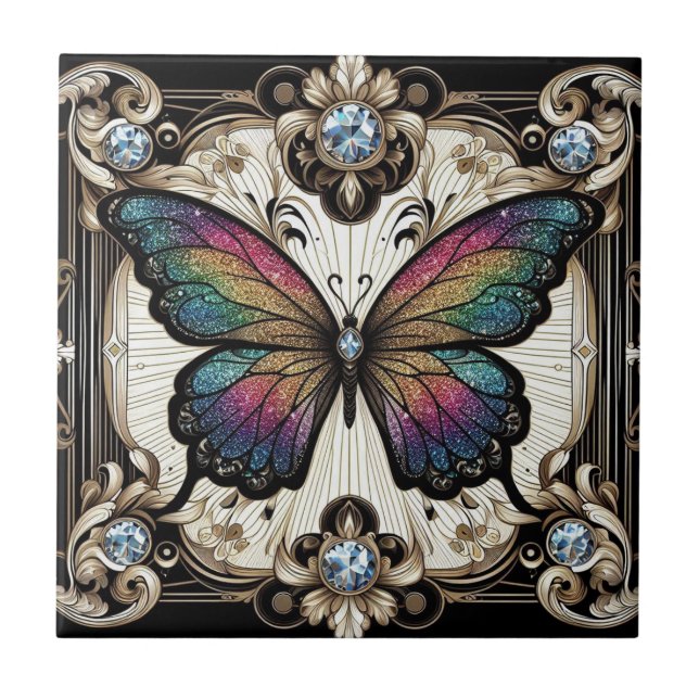 Carreau Papillon arc-en-ciel Art Déco Néo-Rétro (Devant)