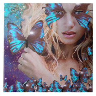 CARREAU PAPILLON BLEU DANS LES ÉTINCELLES TURQUOISES D'OR