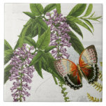 Carreau Papillon botanique Purple Wisteria Vintage 1<br><div class="desc">#1 sur 5 images de tuiles de coordination. Riche orange, crème rouille et papillon noir et une vigne lavande à la glycine avec des fleurs et un aperçu d'une fougère frondes sur collage écriture manuscrite éphémère et images de publicité antique sur une crème douce, ivoire texturé arrière - plan. Collage...</div>