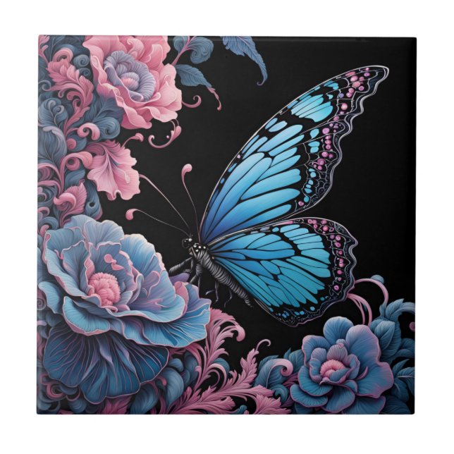 Carreau papillon dans un jardin fleuri la nuit (Devant)