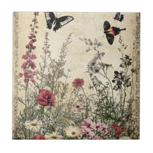 Carreau Papillon de prairie de fleurs sauvages sépia antiq