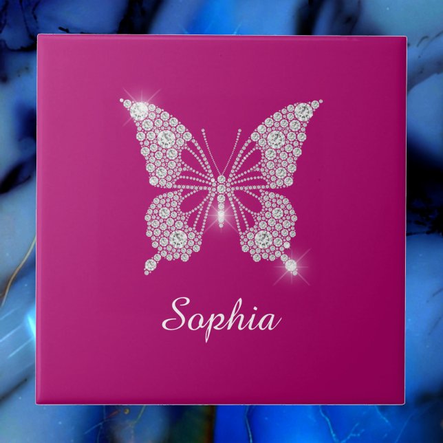 Carreau Papillon Diamant Blanc, Nom en écriture, Fuchsia P (Créateur téléchargé)