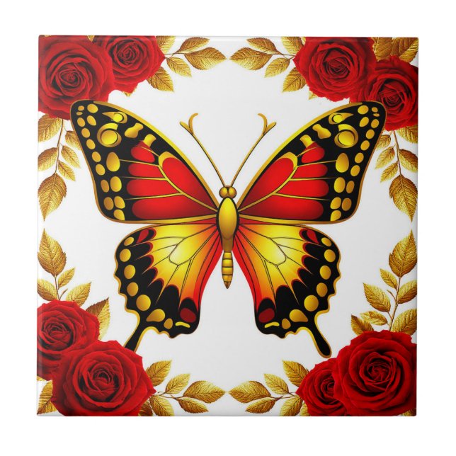 Carreau Papillon Doré Avec Des Roses Rouges Et Des Feuille (Devant)