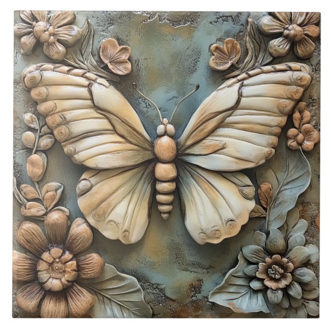 Carreau Papillon et fleurs Botanique Faux Relief (Devant)
