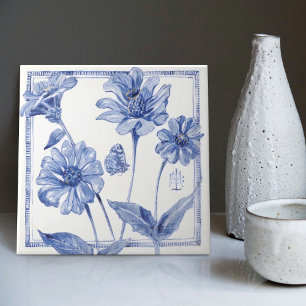 Carreau Papillon Fleur de Delft Bleu Décoration Murale Art