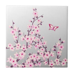 Carreau Papillon floral en fleurs de cerise rose gris