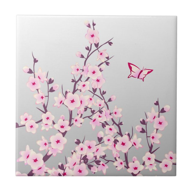 Carreau Papillon floral en fleurs de cerise rose gris (Devant)