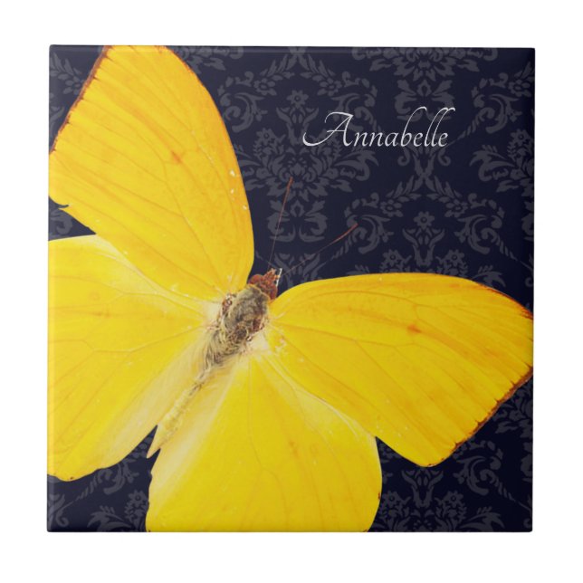 Carreau Papillon jaune élégant Damassé noir Ajouter un nom (Devant)