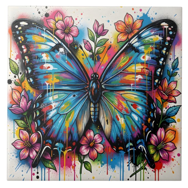 Carreau Papillon Morpho Bleu Street Art Graffiti Grunge (Devant)