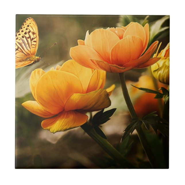 Carreau Papillon orange et fleurs (Devant)