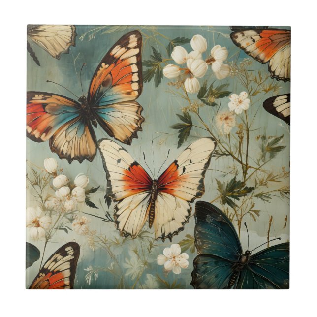 Carreau Papillon orange sarcelle antique sur fleur blanche (Devant)