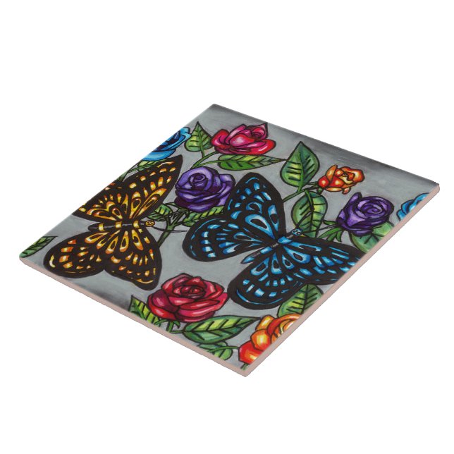 Carreau Papillon rose fleurs dessin naturel original (Côté)