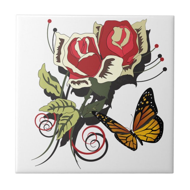 Carreau Papillon rose rouge fleurs nature art (Devant)