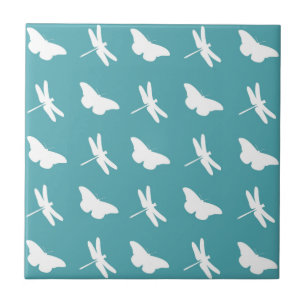 Carreau Papillon sarcelle et blanc et motif de libellule