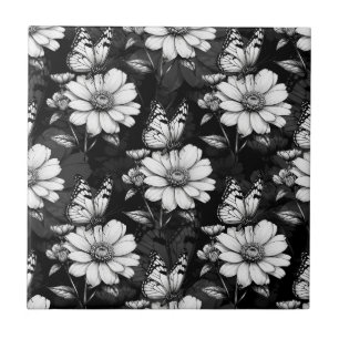 Carreau Papillon sur Motif à fleurs - Noir