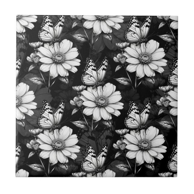 Carreau Papillon sur Motif à fleurs - Noir (Devant)