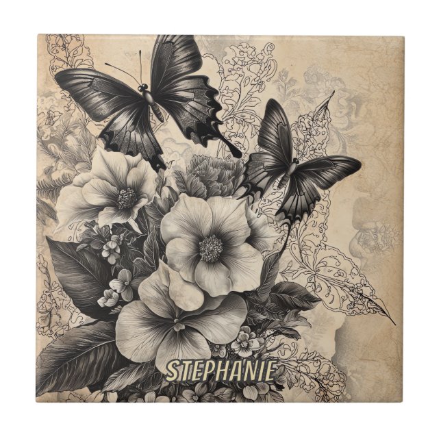 Carreau Papillon Swallowtail Antique Botanique (Devant)