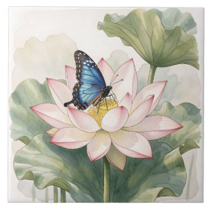 Carreau Papillon Swallowtail Bleu avec Art de Fleur de Lot