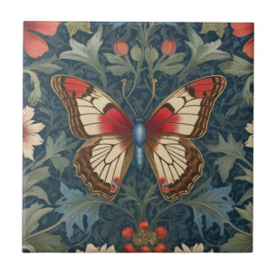 Carreau Papillon William Morris style bleu & rouge floral