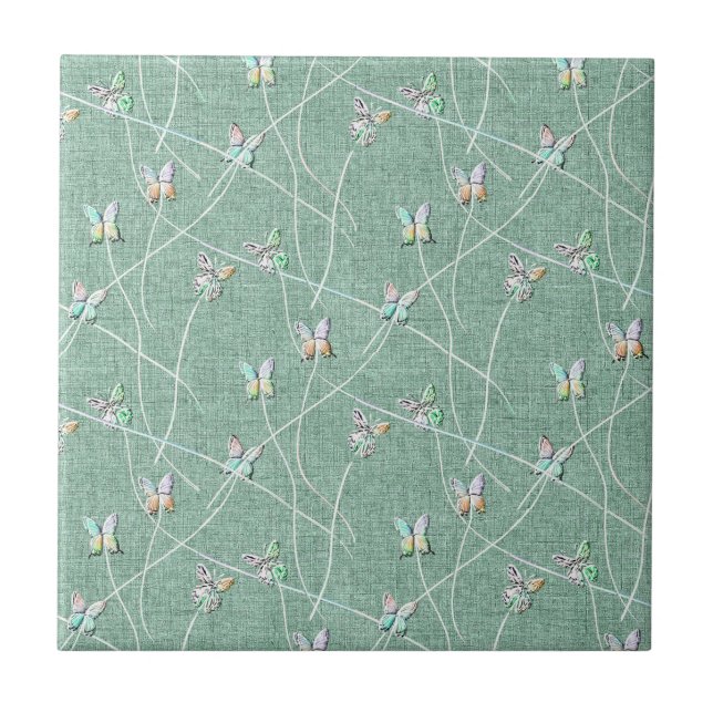 Carreau Papillons à l'aquarelle sur fond vert menthe  (Devant)