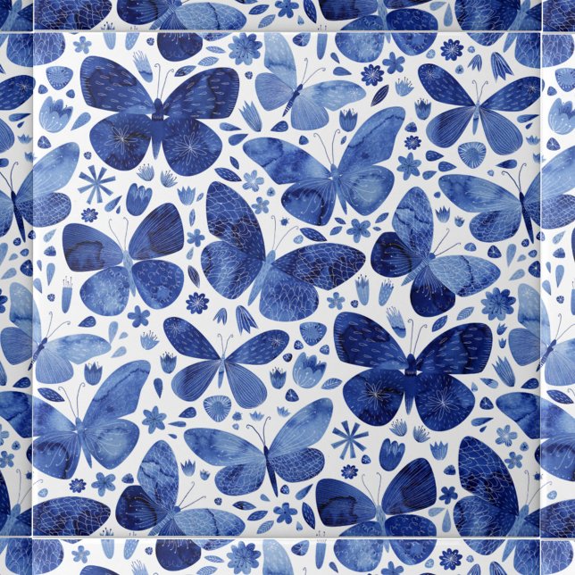 Carreau Papillons Aquarelle Bleu (Indigo blue and white watercolor butterfly pattern art ceramic tile)
