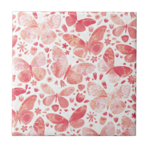 Carreau Papillons Aquarelle Corail rose