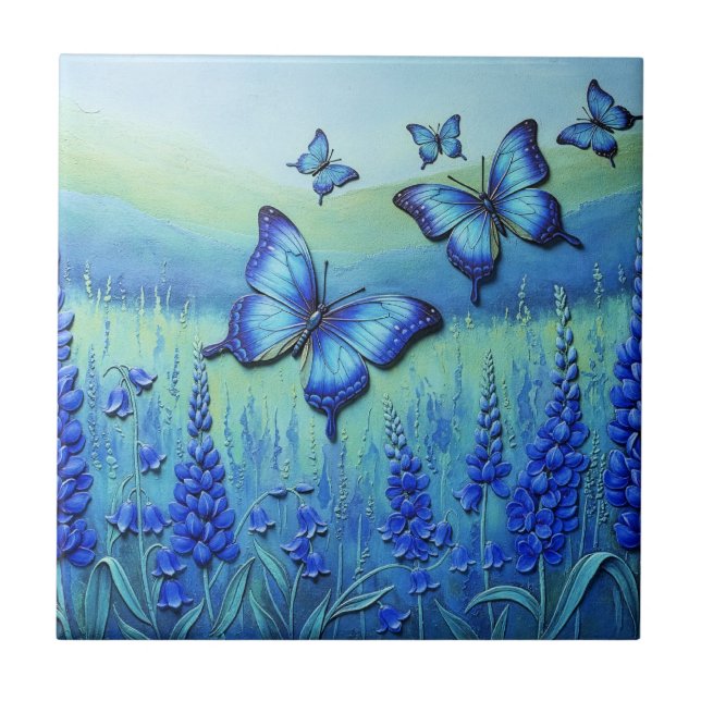 Carreau Papillons Bleus avec des Fleurs Bleues, (Devant)