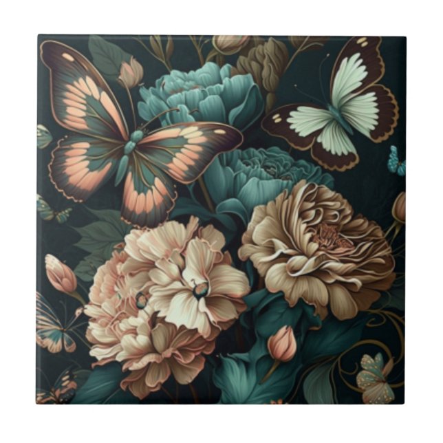 Carreau Papillons et fleurs design classique foncé (Devant)
