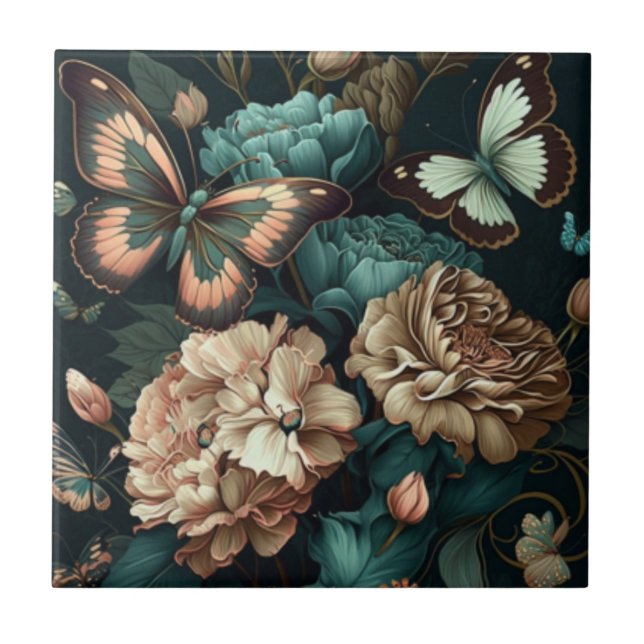 Carreau Papillons et fleurs design classique foncé (Devant)