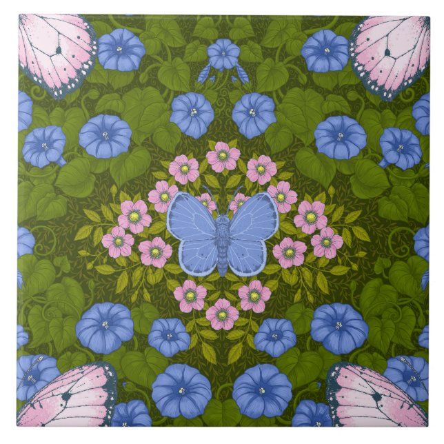 Carreau Papillons et symétrie des fleurs, bleu et rose (Devant)