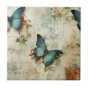 Carreau Papillons Turquoise Vintage Floral Rustique