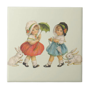 Carreau Pâques vintage Enfants Lapins Bonnets Antique